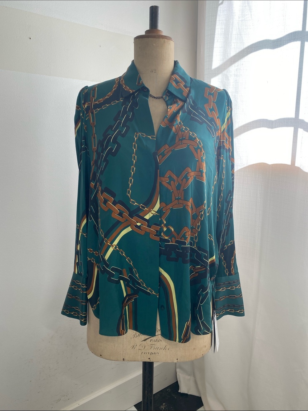 Marc Cain 92% Silk Chain Print Blouse Teal Brown NWT Size L N4 $620